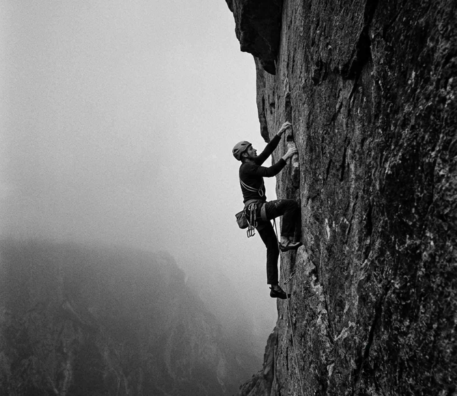 Climber scaling a rock face in misty conditions