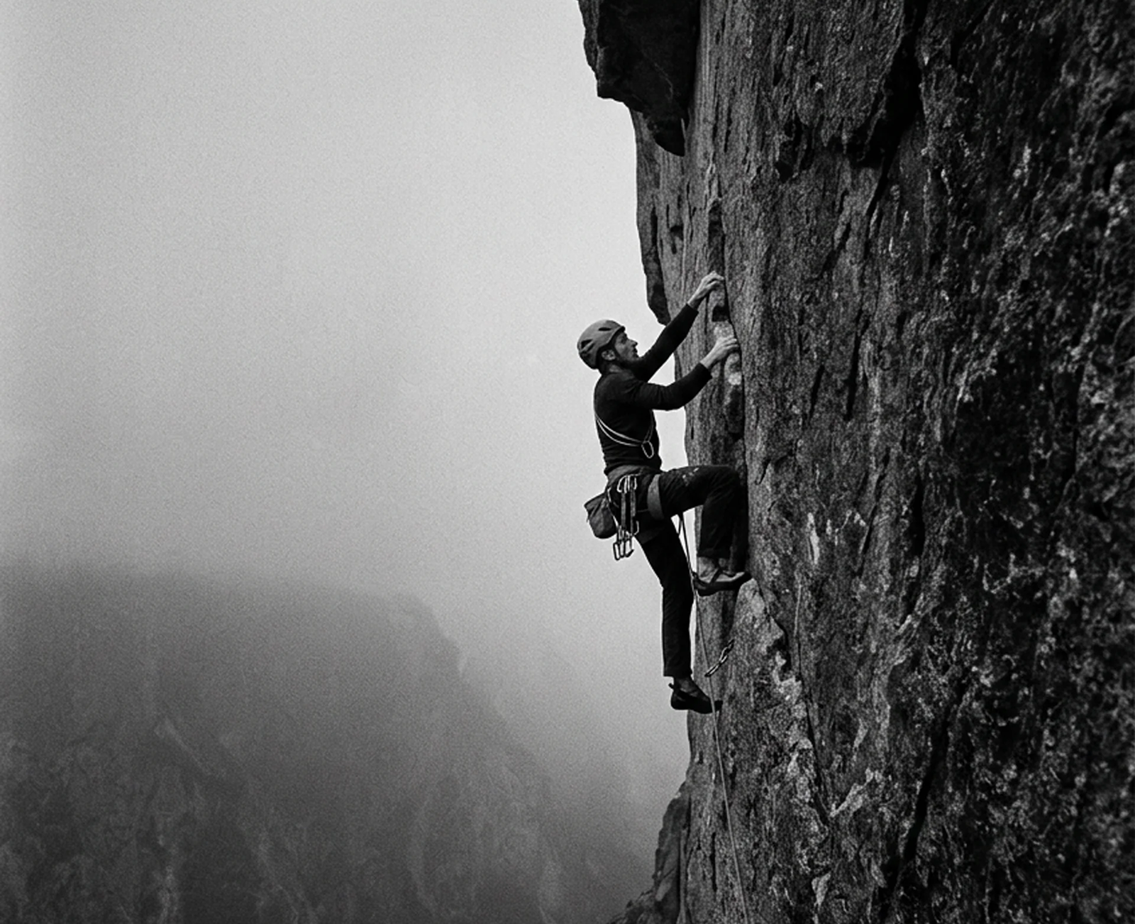 Climber scaling a rock face in misty conditions